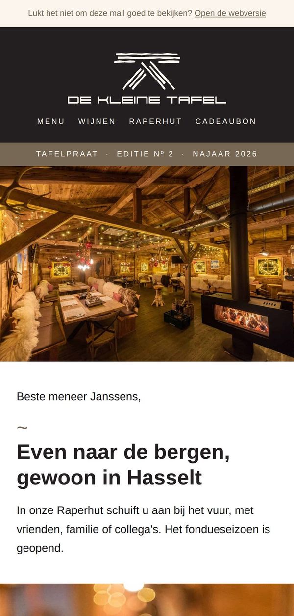 Tafelpraat, de nieuwsbrief van Brasserie De Kleine Tafel, op een gsm: de Raperhut met open haard